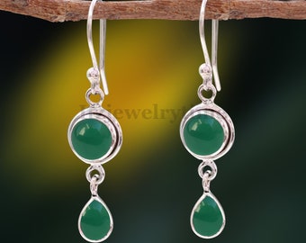 Sterlingzilveren oorbellen groene onyx: druppelsieraden met ring