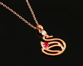 Rose Gold Swan Necklace: Ruby & Zircon Sterling Silver Pendant