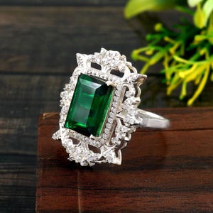 Emerald Cut Lab Created Emerald Solitaire Ring Yellow Gold Minimalist Ring Statement Art Deco Ring May Birthstone Anniversary Gift for Her