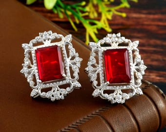 Rubin Baguette Ohrstecker: 925 Sterling Silber Statement Ohrringe