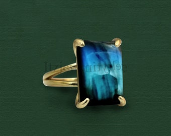 Anel retangular de labradorita arco-íris: ouro 18k, pedra do mês de fevereiro