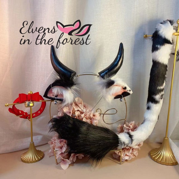 Cow Tail Cow Ears and Collars - COSPLAY - Butt Plug - Handmade Animal Ears - Fox Ears and Tail - Christmas Gifts - Lolita-Butt Plug-Headgear
