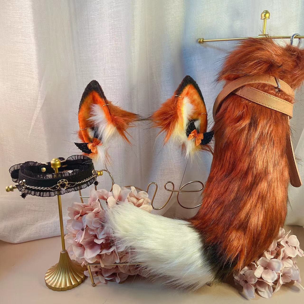 Red Fox Tail Butt Plug, Fox Ears and Collar
