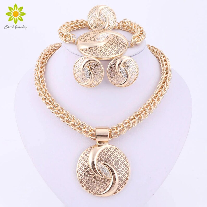 Latest Luxury Big Dubai Gold Color Crystal Necklace Jewelry Sets Fashion Nigerian Wedding