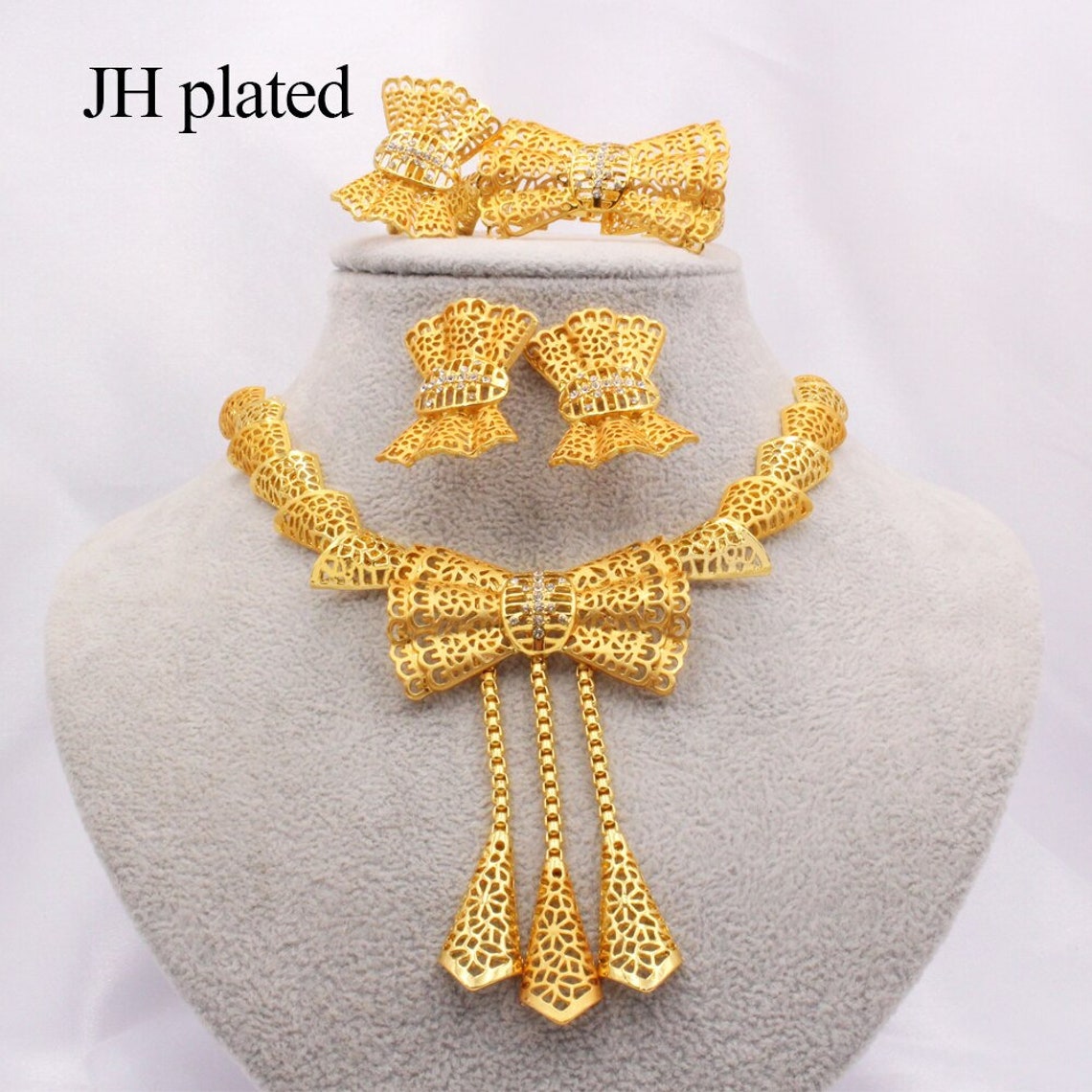 24K Gold Plated African Bead Jewelry Set - Necklace & Earrings, Brass With Zircon - View #10
