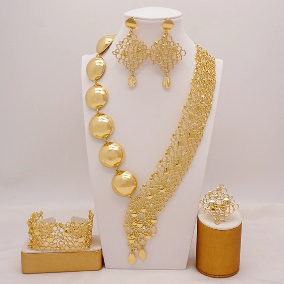 1 Set Of Dubai Saudi Gold Plated Copper Handmade Carved Shiny Necklace,  Earrings & Ring