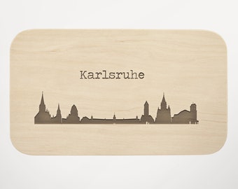 Planches de petit-déjeuner en bois gravée - Karlsruhe motif Vesperbrett - Planche à découper Planche à pain pour l’heure du pain - Idée cadeau - Skyline