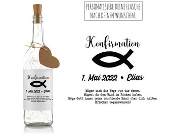 Personalisiertes Flaschenlicht mit Namen,Datum und persönlichem Konfirmationsspruch - Geschenke zur Konfirmation - Dekolicht - Geldgeschenk