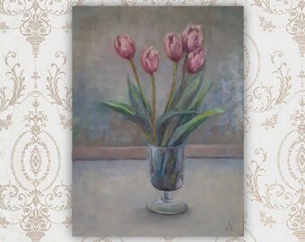 Tulipas Rosas - Pintura a Óleo Original: Natureza Morta Floral