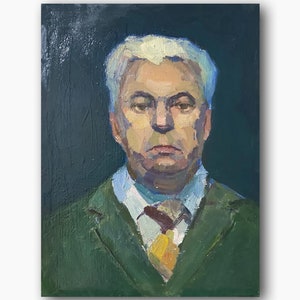 Retrato Masculino Vintage Original Pintura a Óleo Homem Envelhecido Arte de Parede Retro Homem Decoração de Quarto Azul Único