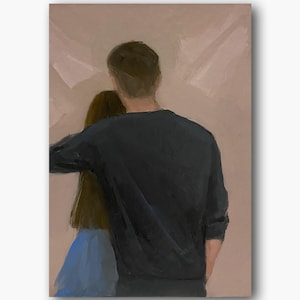Pareja enamorada desde atrás, pintura al óleo original, retrato, arte de pared posterior, decoración de habitación de novios, novias, amor, familia, regalo único