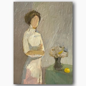 Retrato abstrato vintage pintura a óleo original mulher na mesa arte de parede menina decoração de quarto retrô única