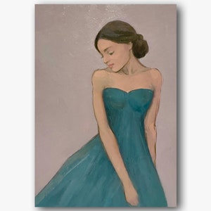 Linda garota vintage original pintura a óleo retrato feminino retro arte de parede perfil mulher vestido verde decoração de quarto senhora única