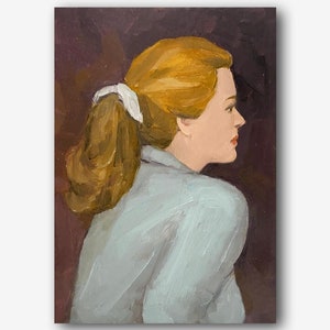 Retrato Vintage Original Pintura a Óleo Menina Loira Arte de Parede Perfil Feminino Decoração de Quarto Mulher Retro Único