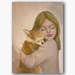 Menina com cachorro pintura a óleo original arte de parede infantil retrato de animal de estimação decoração de quarto infantil amizade amor presente exclusivo