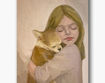 子供と犬の絵画：オリジナルの具象芸術、6x8のミニ油絵 - Etsy 日本