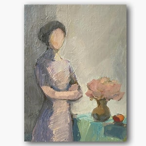 Menina abstrata vintage original pintura a óleo retrato feminino arte de parede mulher retro decoração de quarto único