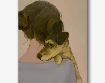 Female Portrait Oil Painting Woman with Dog Wall Art Girl Back Home Pet Room Decor For Her Ukrainian Artist