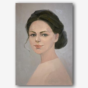 Retrato Feminino Vintage Original Pintura a Óleo Linda Mulher Arte de Parede Menina Retro Decoração de Quarto Cinza Único