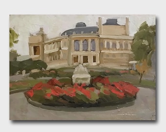 Vintage Architecture Original Oil Painting Opera House Wall Art House Flowers Trees Cityscape Room Decor Gift For Him