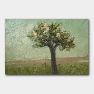 Vintage Landscape Original Oil Painting Canvas Tree Wall Art Nature Field Sky Green Decor Klmnat Memorable Gift for Her