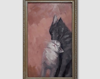 Couple of Kitties Original Framed Oil Painting Cat Wall Art Pet Portrait Delicate Animals Love Memorable Gift For Her