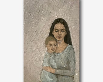 Mother's Love Original Oil Painting: Portrait Mom with Child Art