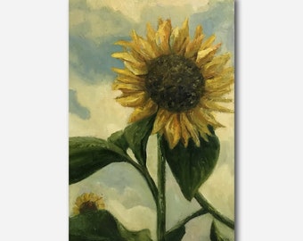 Vintage Original Oil Painting Sunflower Wall Art Nature Landscape Sky Field Sun Plants Room Decor Ukrainian Artist