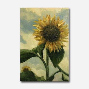 May include: A painting of a sunflower with yellow petals and a dark brown center. The sunflower is in the foreground of the painting, with a blue sky and white clouds in the background. The sunflower is tall and has green leaves.