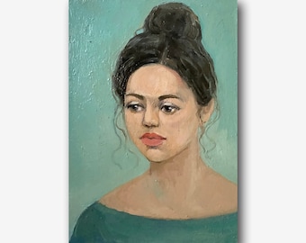 Girl Original Oil Painting: Brunette Woman Portrait Art