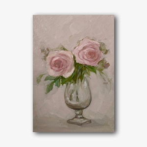 Flores Vintage Original Pintura al óleo Rosas Rosas Arte de la pared Tierno Bodegón floral Decoración de la habitación Regalo de Navidad para ella único en su tipo