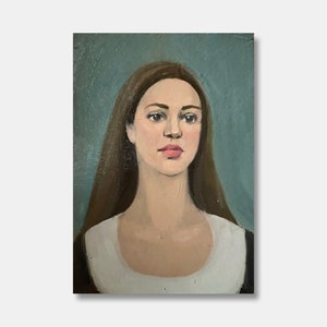 Vintage Female Portet Original Oil Painting Beautiful Girl Wall Art Red-haired Woman Green Brown Room Decor Ukrainian Artist