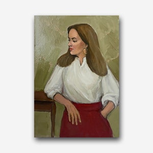 Beautiful Woman Vintage Original Oil Painting Female Portrait Wall Art Girl in Profile Room Decor One of a Kind