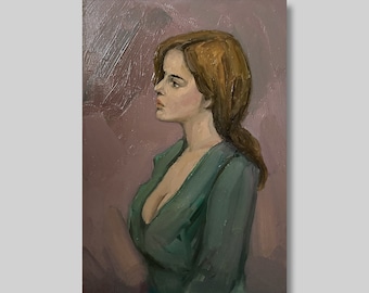 Female Portrait Vintage Original Oil Painting Redhead Girl Wall Art Beautiful Profile Woman Room Decor Ukrainian Artist