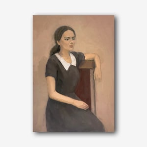 Female Portrait Vintage Original Oil Painting Beautiful Girl in Profile Wall Art Dark Haired Woman Room Decor Grey One of a Kind