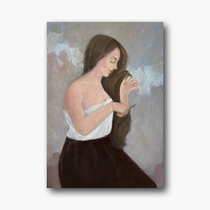 Retrato feminino vintage original pintura a óleo bela menina de cabelos compridos arte da parede mulher em perfil retro decoração do quarto um de um tipo
