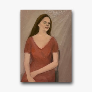 Retrato feminino vintage pintura a óleo original linda menina arte de parede mulher em vestido vermelho decoração de quarto retrô único