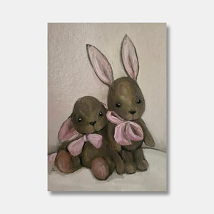 Coelhos fofos pintura a óleo original par de animais arte de parede dois coelhos decoração de quarto infantil boho presente exclusivo de bebê