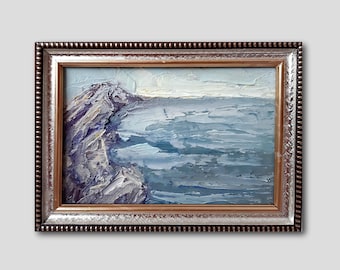 Ocean Miniature Original Oil Painting Framed Seascape Wall Art Rocky Shore Sea Memorable Gift to a Friend