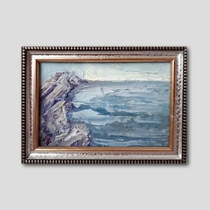 Oceaan miniatuur origineel olieverfschilderij ingelijst zeegezicht muurkunst rotsachtige kust zee gedenkwaardig cadeau aan een vriend