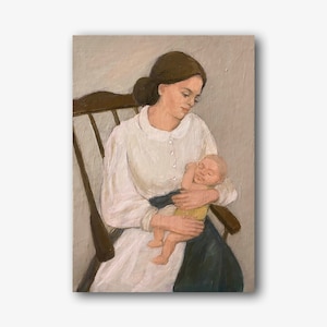 赤ちゃんと母親のオリジナル油絵 ヴィンテージ女性の肖像画 壁アート ママ 子供部屋 装飾 母の日 ギフト 唯一無二