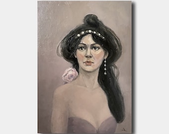 Brunette Woman Portrait Original Oil Painting, Girl Vintage Wall Art