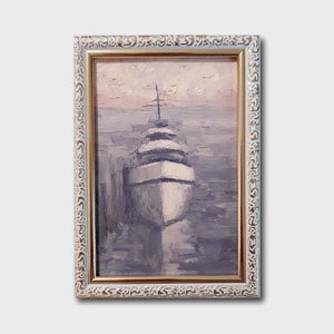 Framed Yacht Oil Painting: Mini Seascape Boat Art