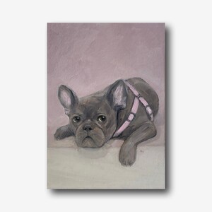 Bulldog francés pintura al óleo original Ashy perro pared arte mascota retrato habitación decoración gris animal regalo para ella