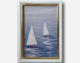 Sailboats Original Oil Painting: Seascape Wall Art Ocean