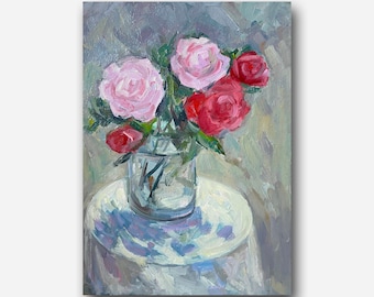 アンティーク 赤い薔薇 ローズ フラワー 油彩画 油絵 アート 絵画 美術 芸術 Vintage Pink Roses Oil Painting: Mid-Century Floral Still Life