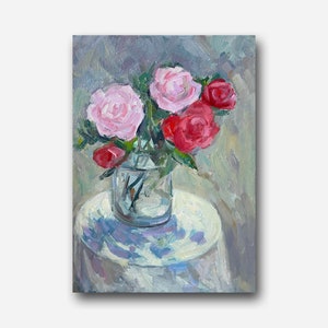Ramo de rosas Vintage pintura al óleo original flores soleadas arte de la pared floral bodegón decoración de la habitación único en su tipo para ella