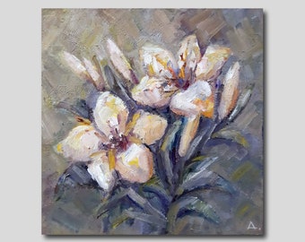 Lilies Original Oil Painting: Impasto Floral Art White Flowers