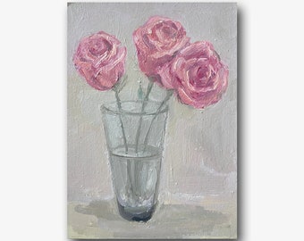 ヴィンテージのピンクのバラの油絵：ミッドセンチュリー風の静物画