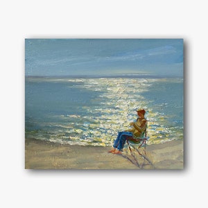Pintura al óleo original vintage de un niño en la playa, paisaje marino, arte de pared para hombres, decoración de habitación con reflejos de agua de mar, pieza única